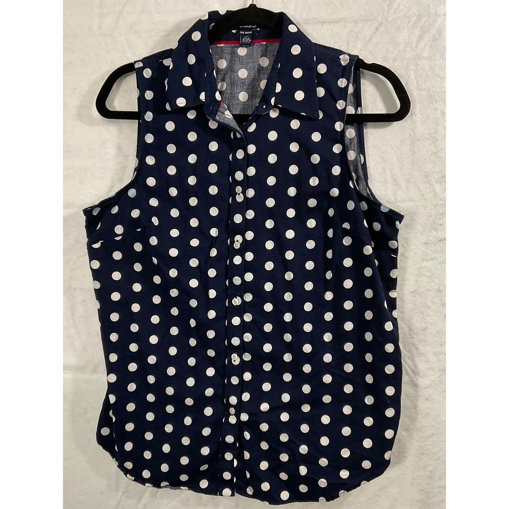 Chaps Sleeveless Button Down Womens Large Navy Blue Polka Dot No Iron Shirt